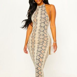 PRETTYLITTLETHING Halterneck Maxi Dress Snake Print